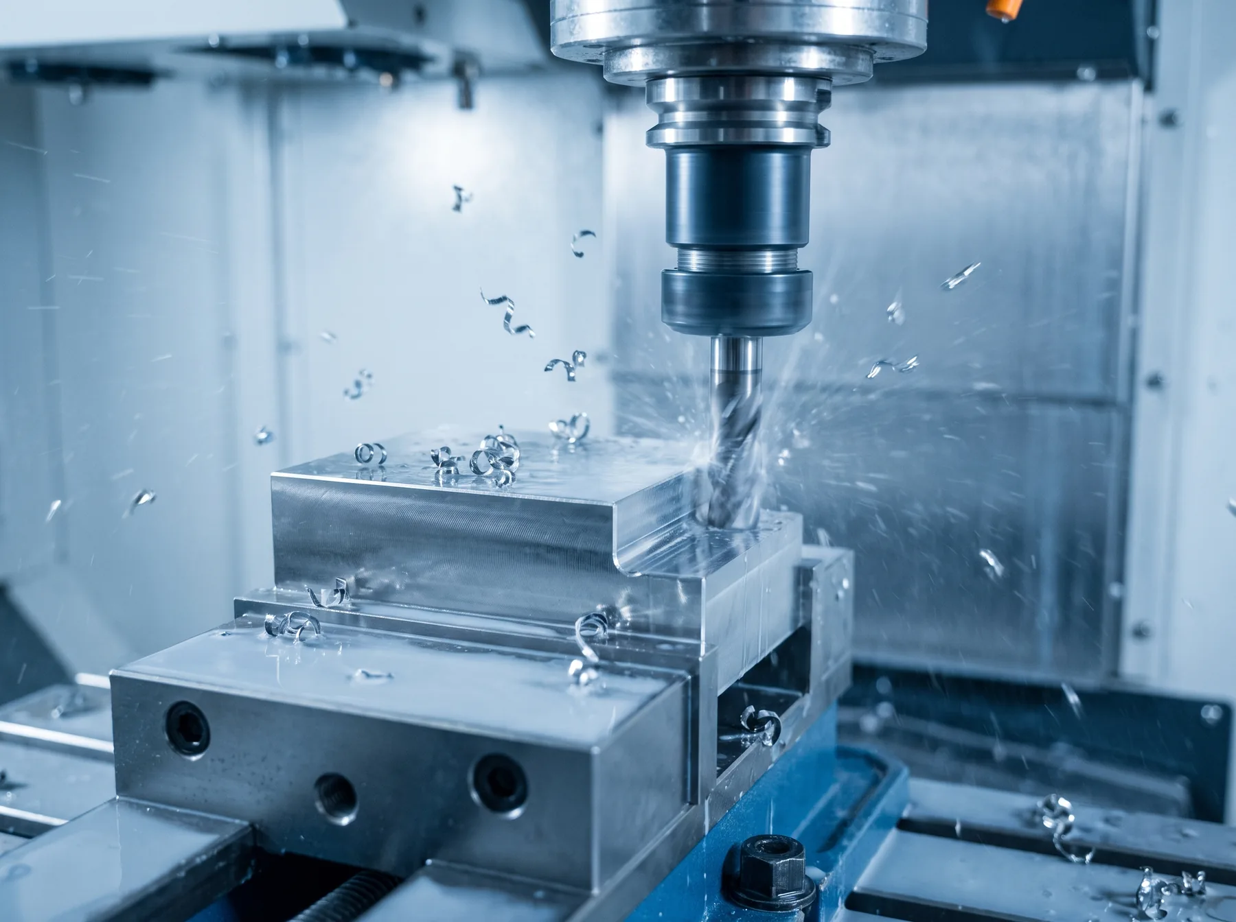 Fräser bearbeitet einen Edelstahlblock in einem CNC-Bearbeitungszentrum