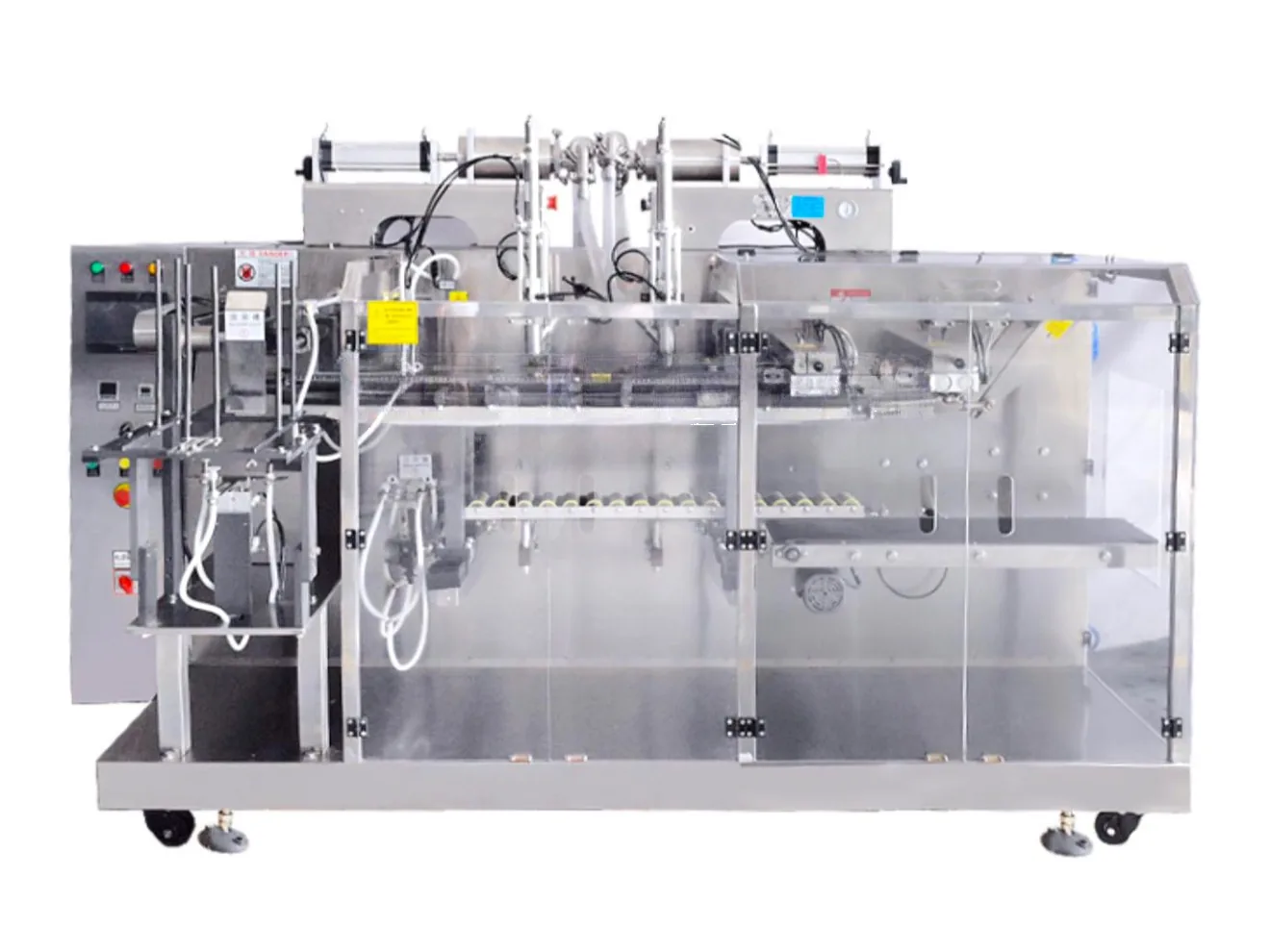 Horizontale Verpackungsmaschine für Flüssigkeiten in Fertigbeuteln – Füllt Emulsionen, Getränke, Konfitüren und Joghurt in vorgefertigte Formbeutel, GMP und CE