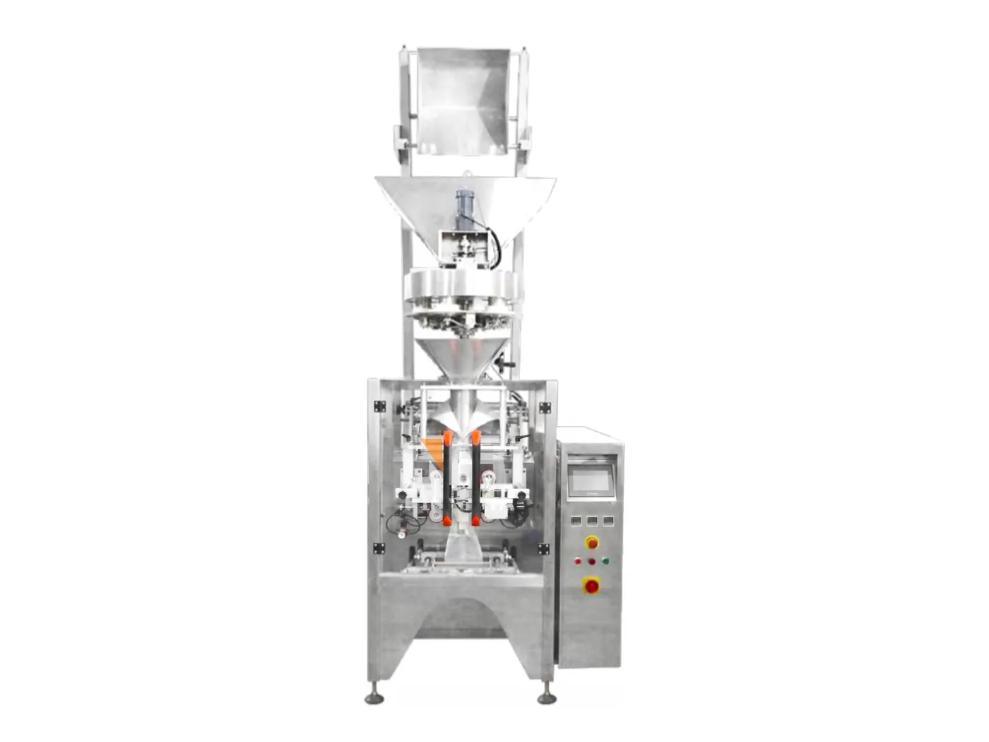 Messbecher-Verpackungsmaschine für Granulat – Volumetrische Dosierung per Messbecher, Beutelformung, Verschließen und Datumsdruck